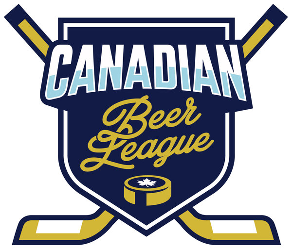 Canadian Beer League crest: shield with crossed hockey sticks and a puck